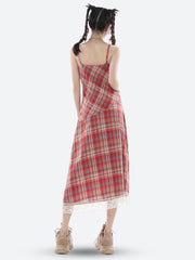 Kariertes Midikleid aus Spitze