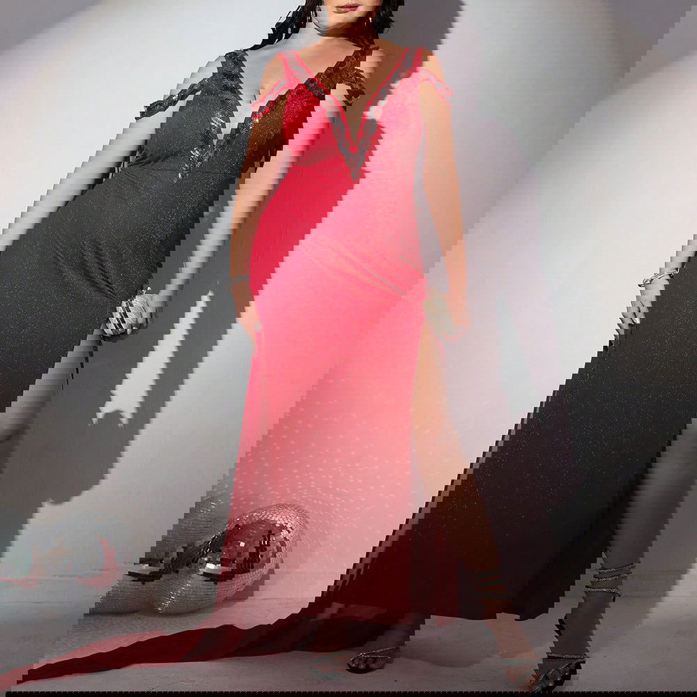 Vestido de talla grande con escote en V profundo, corte entallado, cola pequeña, vestido halter