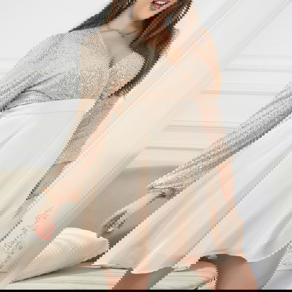 Plus Size Sequin Stitching Gauzy Gown Cross Long Sleeves Party Dress