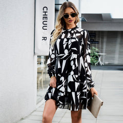 Print Dress  Elegant Long Sleeve Short Dress