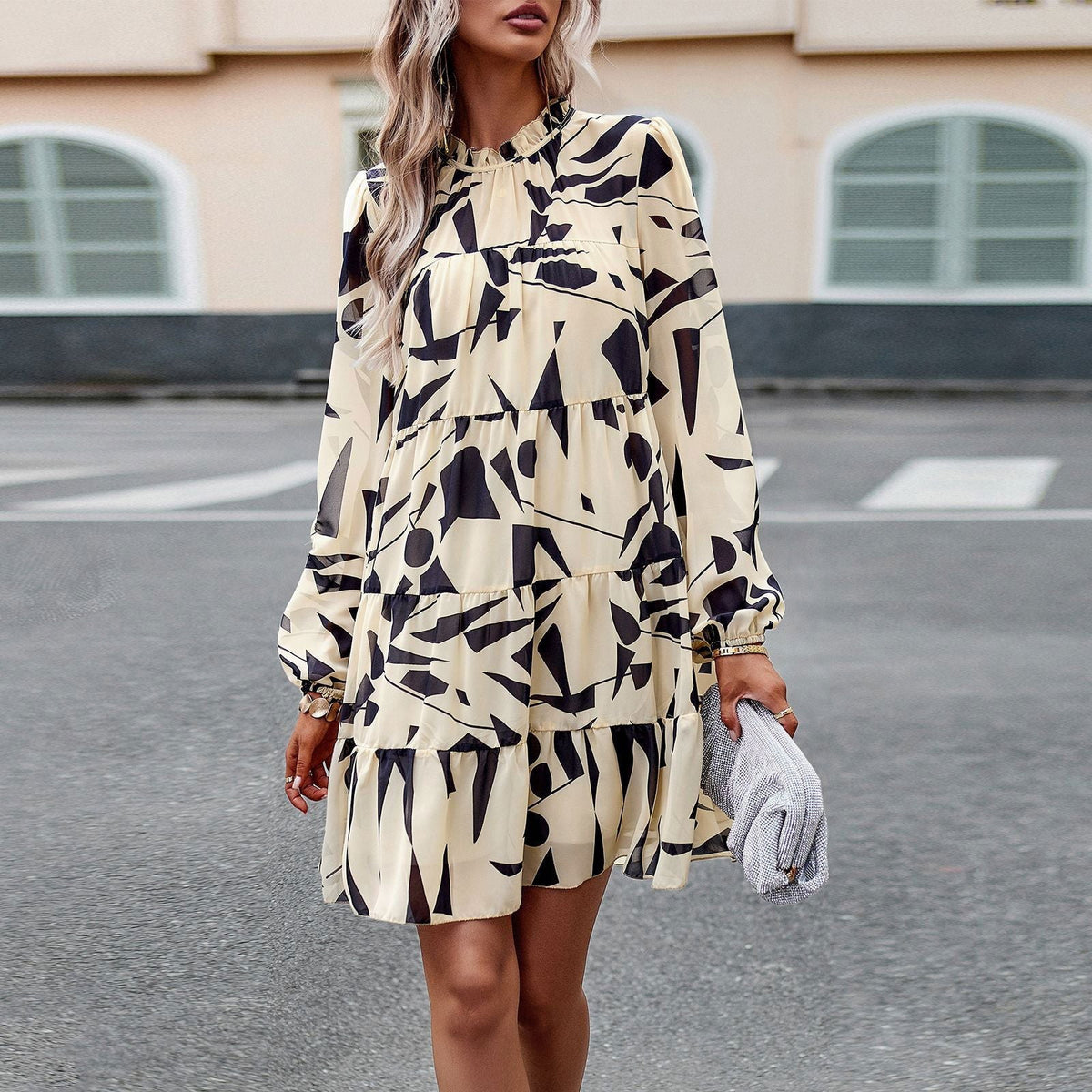 Print Dress  Elegant Long Sleeve Short Dress
