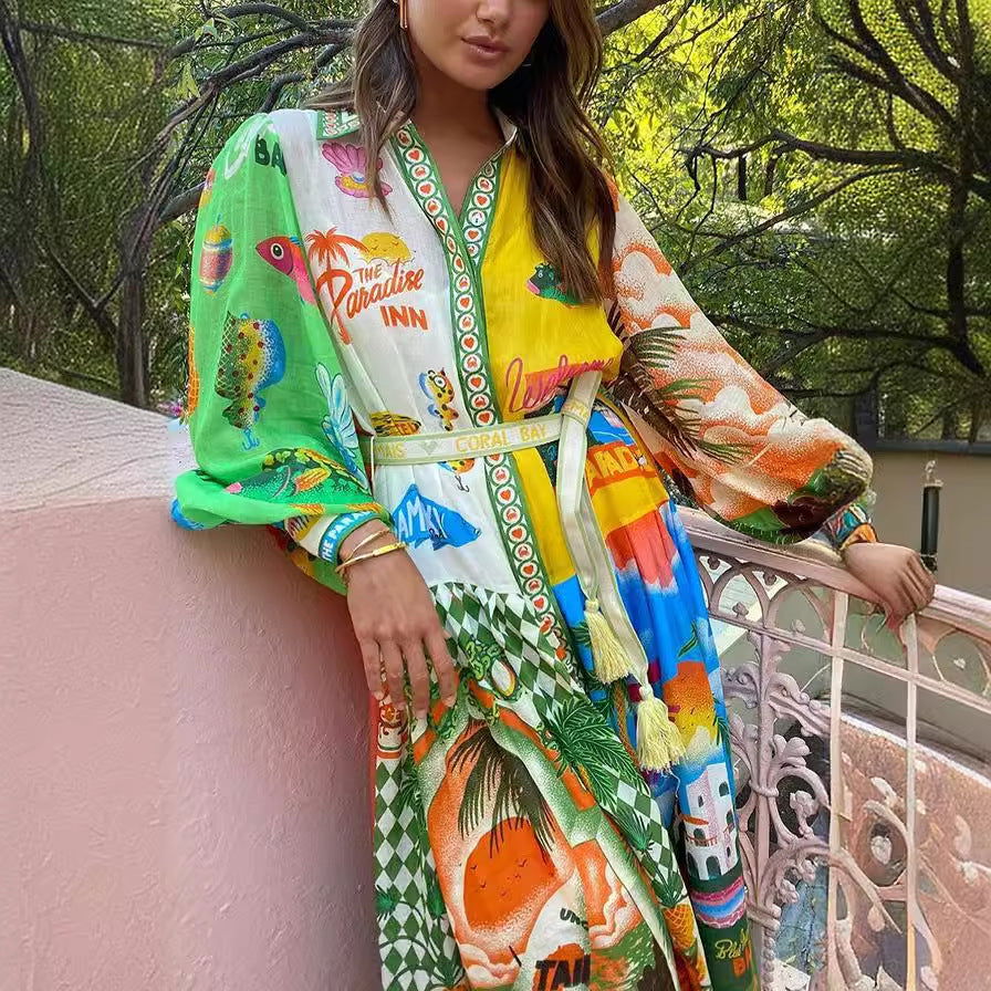 Printed Cardigan Lace up Graffiti Wide Hem Long Sleeve Amplified craft