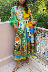 Printed Cardigan Lace up Graffiti Wide Hem Long Sleeve Amplified craft