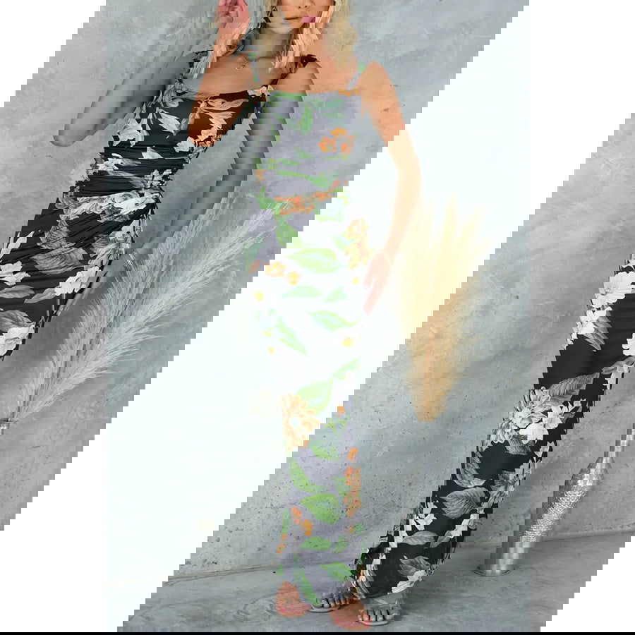 Printed Casual Elastic Sling Dress Holiday Pleated Zipper Dress