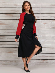 Retro Contrast Color Irregular Asymmetric Dress Metal Necklace Waist Controlled Long Sleeves Dress