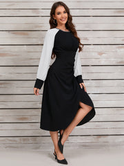 Retro Contrast Color Irregular Asymmetric Dress Metal Necklace Waist Controlled Long Sleeves Dress
