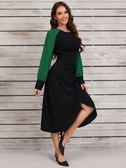 Retro Contrast Color Irregular Asymmetric Dress Metal Necklace Waist Controlled Long Sleeves Dress