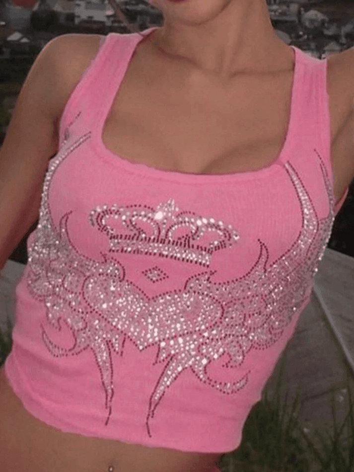 Rhinestone Winged Heart Ribbed Cropped Tank Top