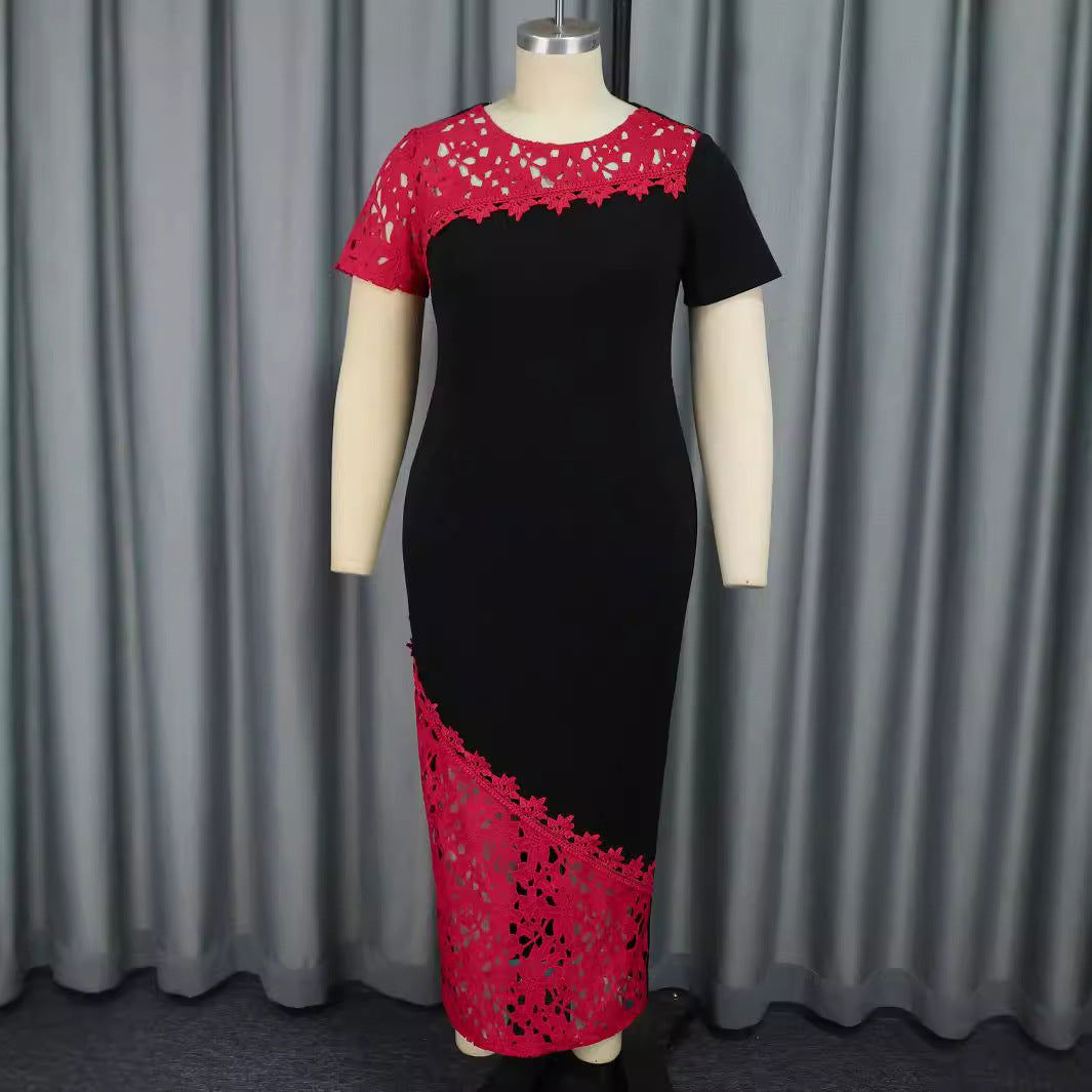 Vestido de fiesta con cuello redondo, mangas asimétricas, costuras de encaje, color en contraste y cintura alta