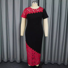 Vestido de fiesta con cuello redondo, mangas asimétricas, costuras de encaje, color en contraste y cintura alta