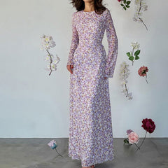 Vestido francés floral de cuello redondo, elegante, ajustado y con cintura atada.