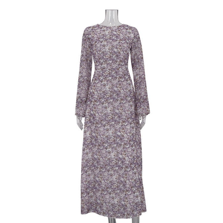 Vestido francés floral de cuello redondo, elegante, ajustado y con cintura atada.