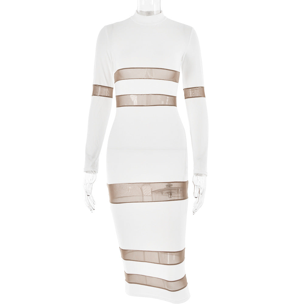 Round Neck Long Sleeved Design Stitching See through Maxi Dress Autumn