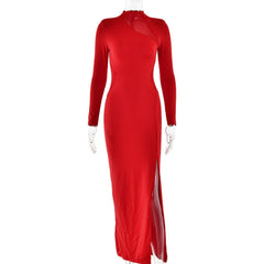 Round Neck See Through Stitching Long Sleeve Dress Elegant Bodycon High Slit Maxi Dress