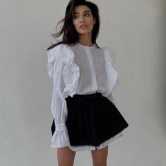 Ruffled Flared Sleeve Shirt Dress for French Minority Matching Cinched Short Dress