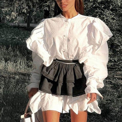 Ruffled Flared Sleeve Shirt Dress for French Minority Matching Cinched Short Dress