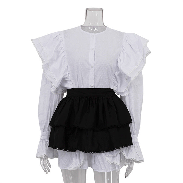 Ruffled Flared Sleeve Shirt Dress for French Minority Matching Cinched Short Dress
