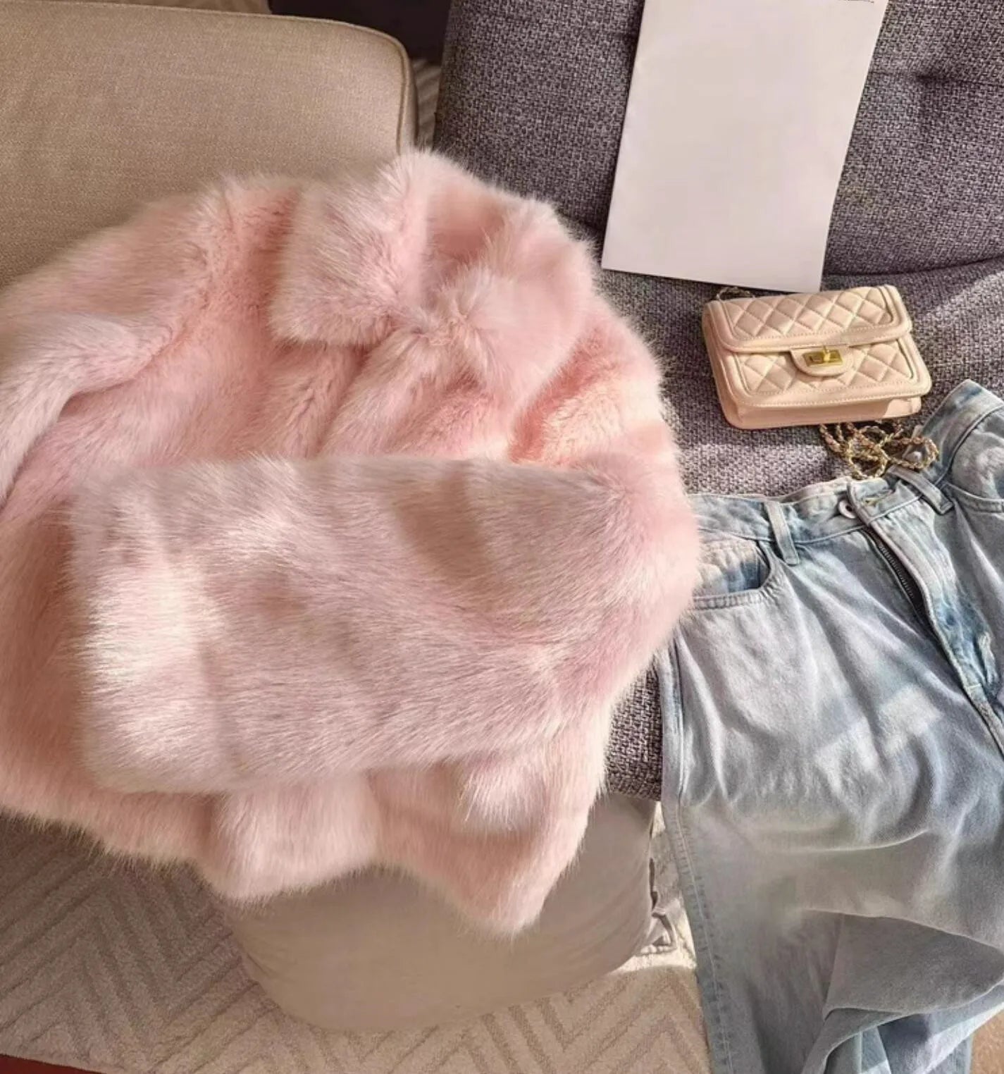 Pink Faux Fur Warm Furry Short Jacket Outerwear