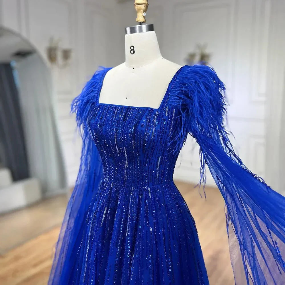 Cape Sleeves Feathers Beaded Evening Dresses