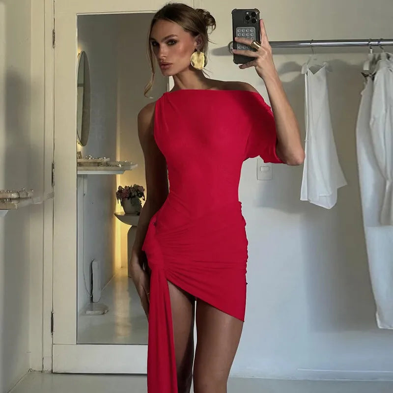 Oblique-Shoulder Backless Irregular Draped Dress