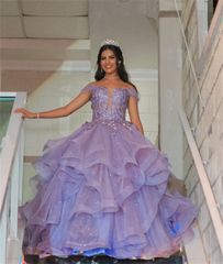 Lace Embroidery Glitter Fluffy Ruffle Purple Evening Dresses