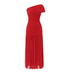 One Shoulder Mesh Solid Maxi Dress