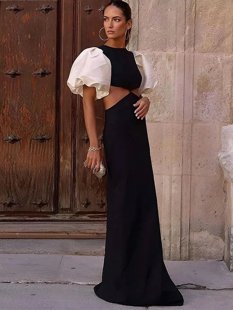 Patchwork Puff Sleeve Hollow Out Long Dress