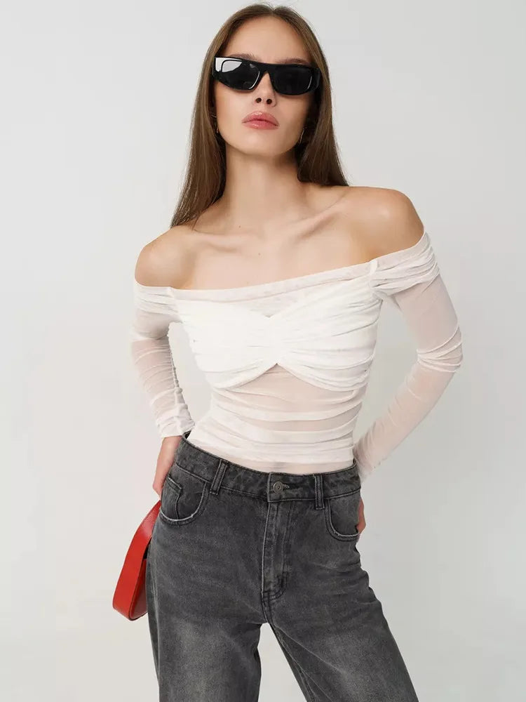 Mesh Off-shoulder Pleated Bust Strapless See Through Top