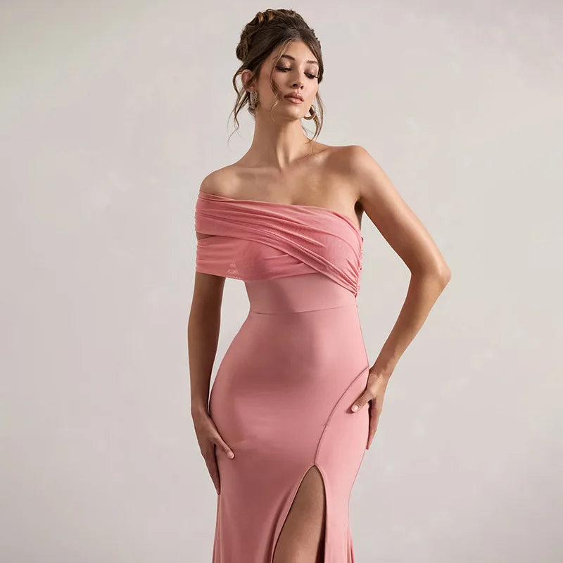 Solid One Shoulder Mesh Slit Long Dress
