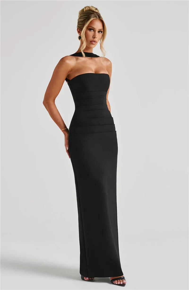 Scarf Collar Strapless Off-shoulder Long Dress