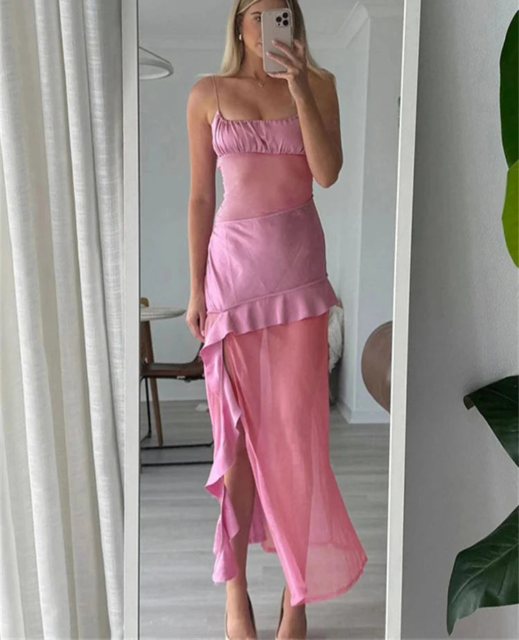 Pink Satin Patchwork Mesh Ruffle Slit Midi Dress