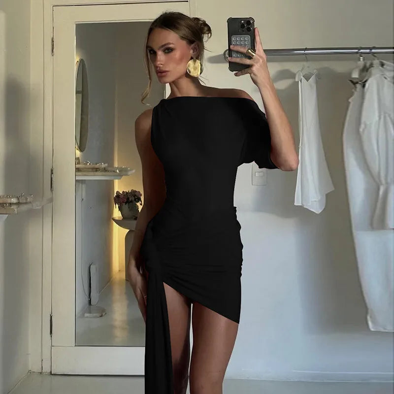 Oblique-Shoulder Backless Irregular Draped Dress