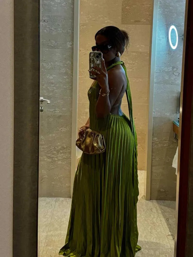 Pleated Hollow Out Halter Neck Long Dress
