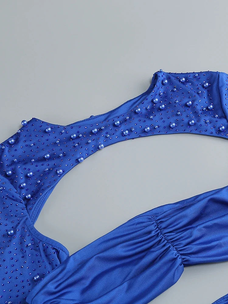 Hollow Out Diamonds Beaded Blue Dress