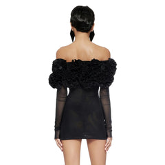 Black Mesh Full Sleeve Ruffles Mini Dress