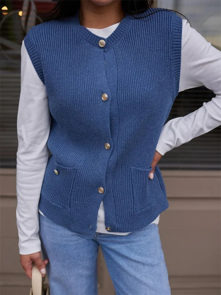 Sleeveless Pocket Solid Knit Cardigan