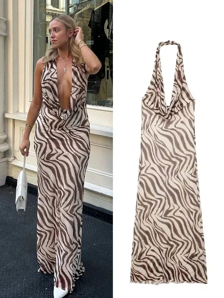 Off Shoulder Folds Hanging Neck Long Dress