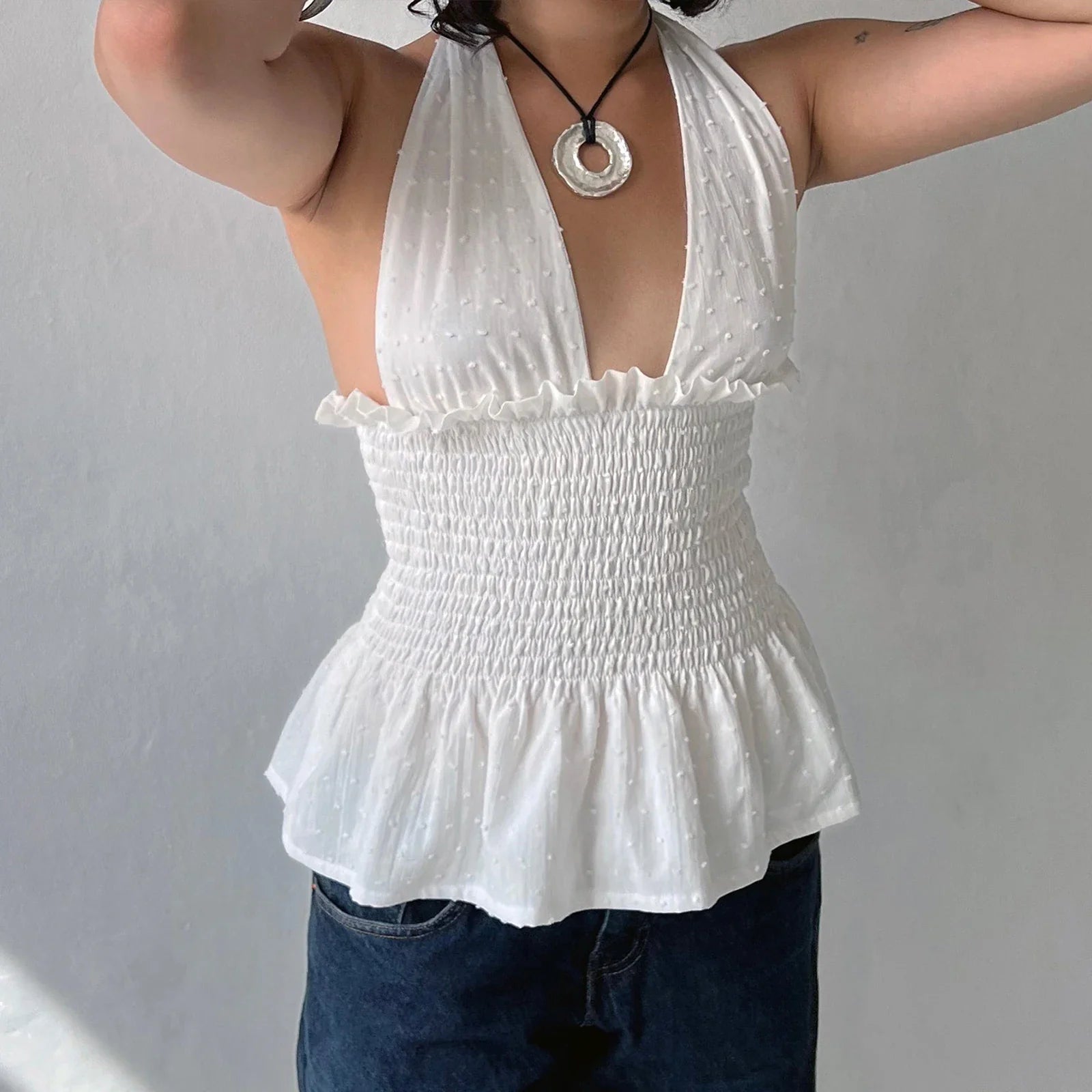 Floral Print/Swiss Dot Tie-Up Halter Backless Tops