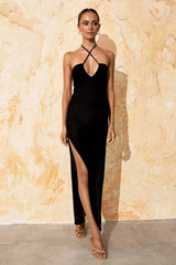 Solid Backless Halter Knit Slit Maxi Dress