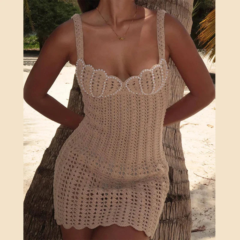 Knitted Pearl Beaded Mini Dress