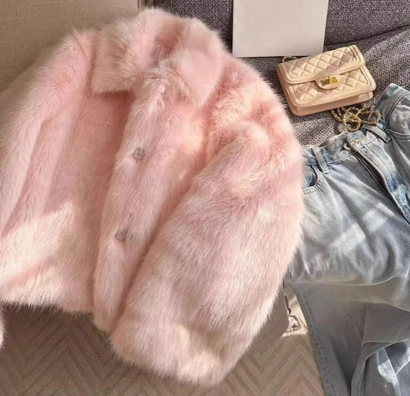 Pink Faux Fur Warm Furry Short Jacket Outerwear