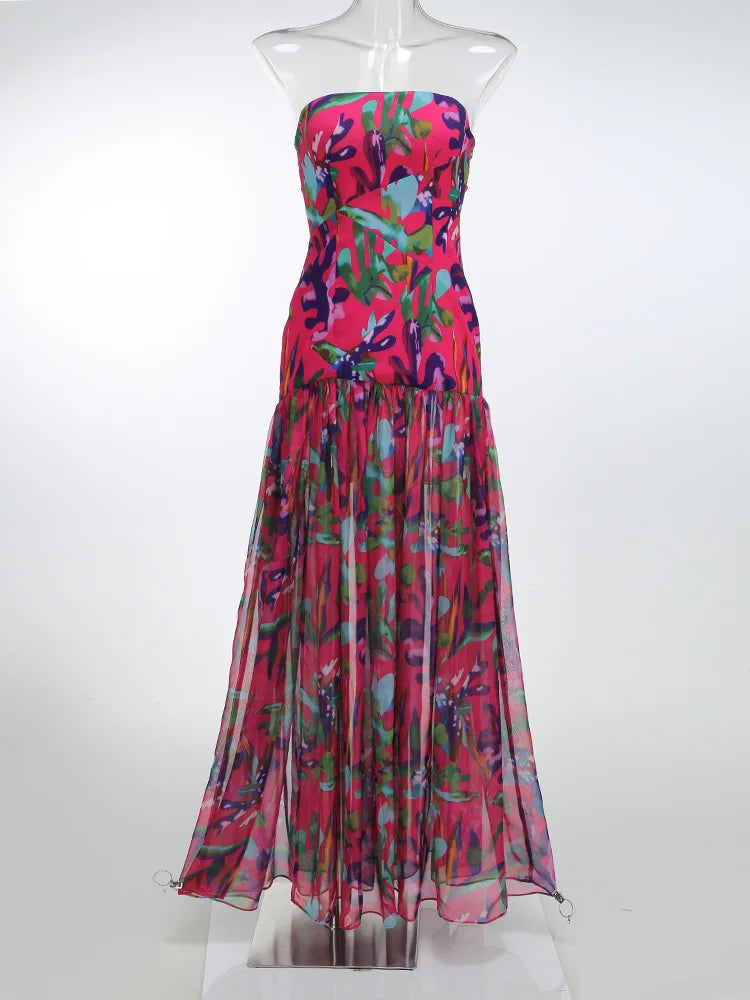 Strapless Retro Print Split Long Dress