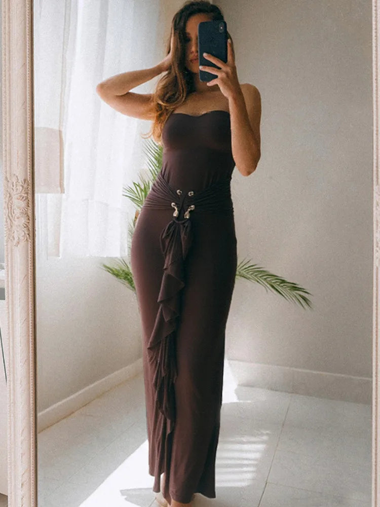 Metal Buckle Ruched Spaghetti Strap Long Dress