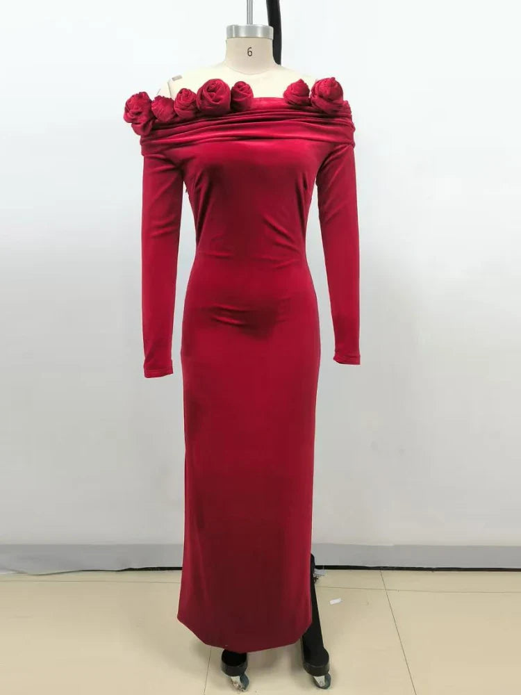Off-Shoulder 3D Flower Red Velvet Dress