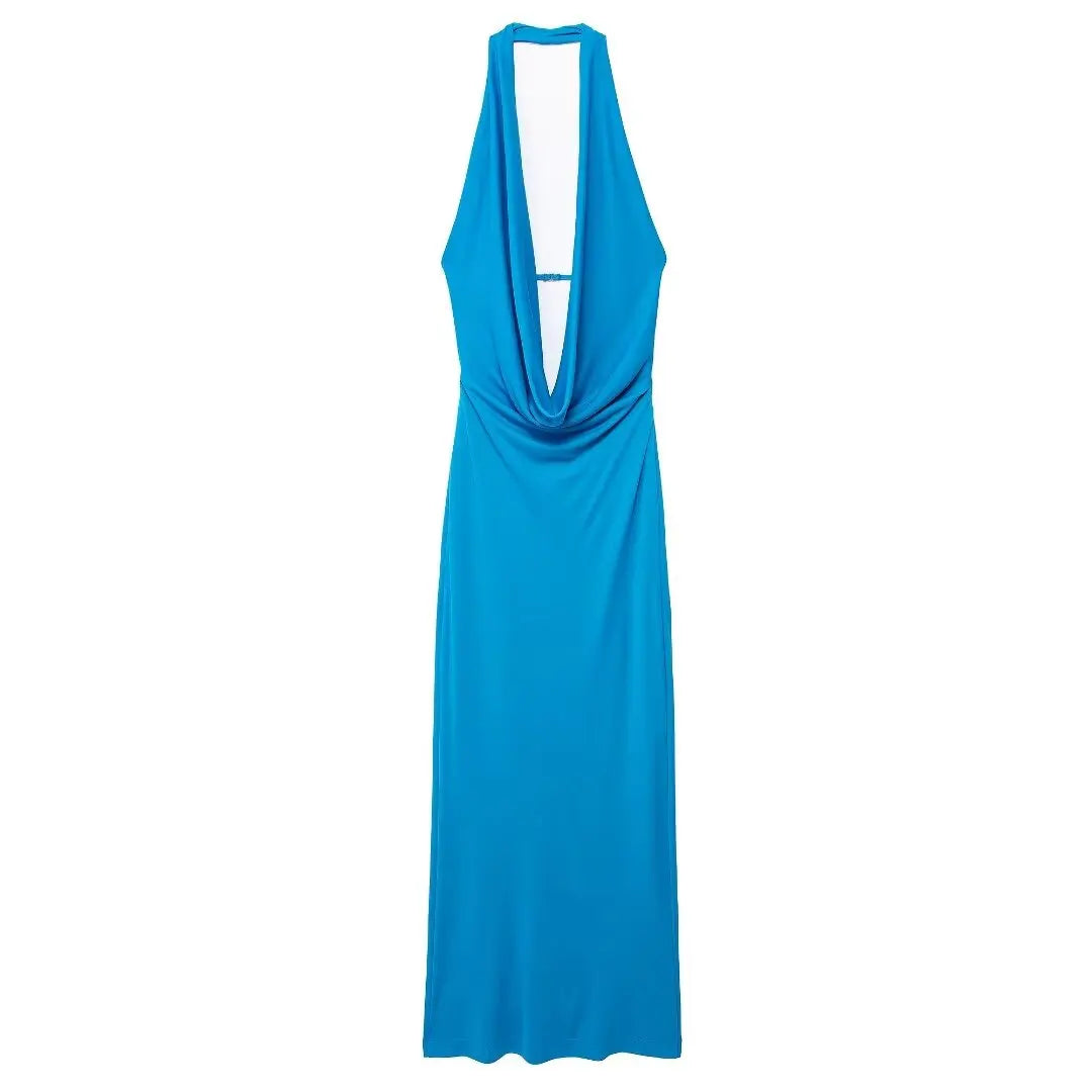 Off Shoulder Folds Hanging Neck Long Dress