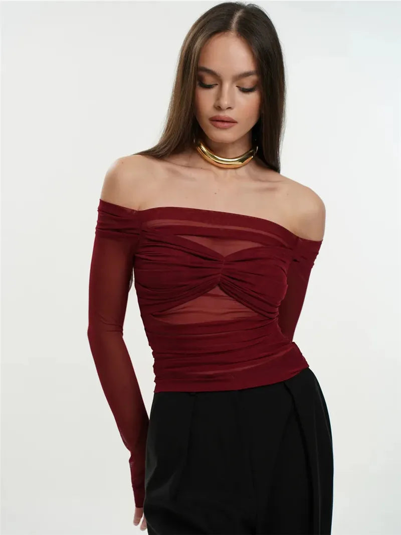 Mesh Off-shoulder Pleated Bust Strapless See Through Top