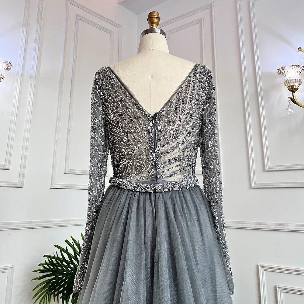Blue Mermaid Beaded Long Sleeves Evening Gown