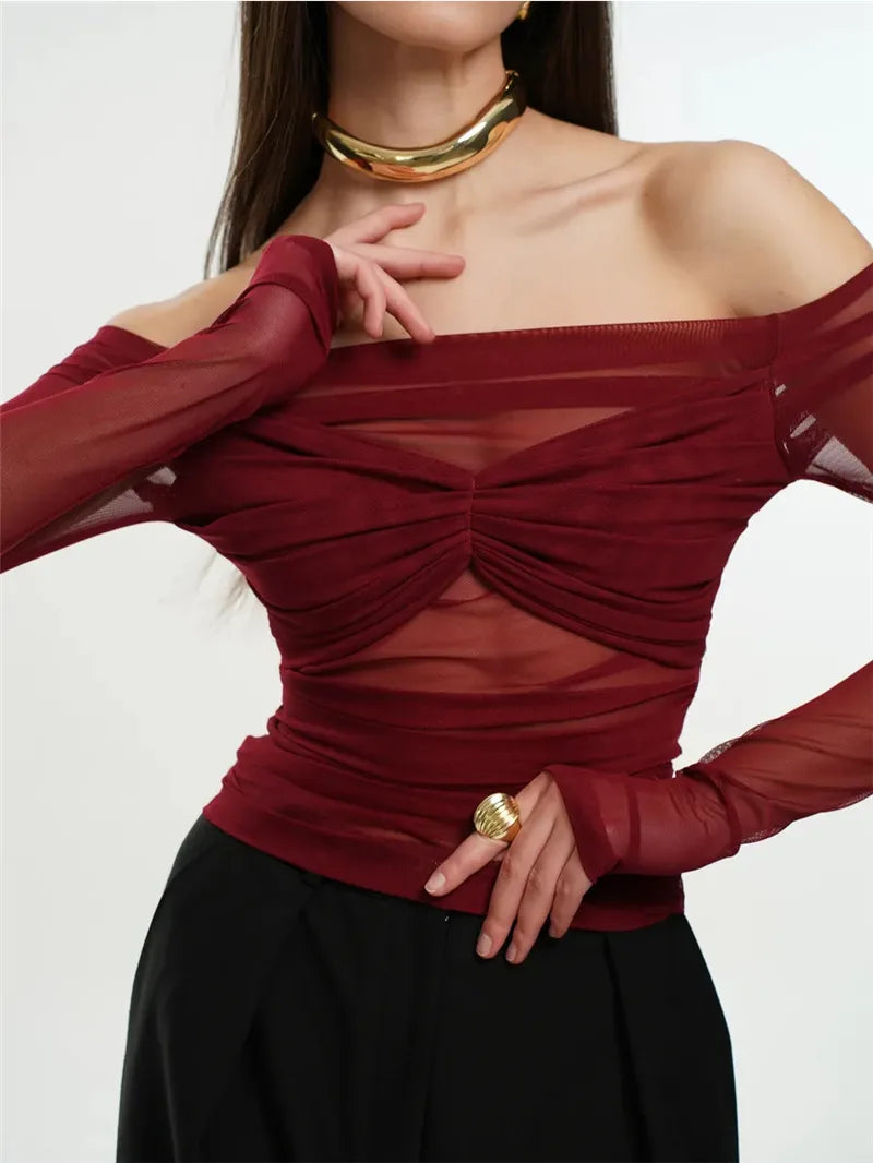 Mesh Off-shoulder Pleated Bust Strapless See Through Top