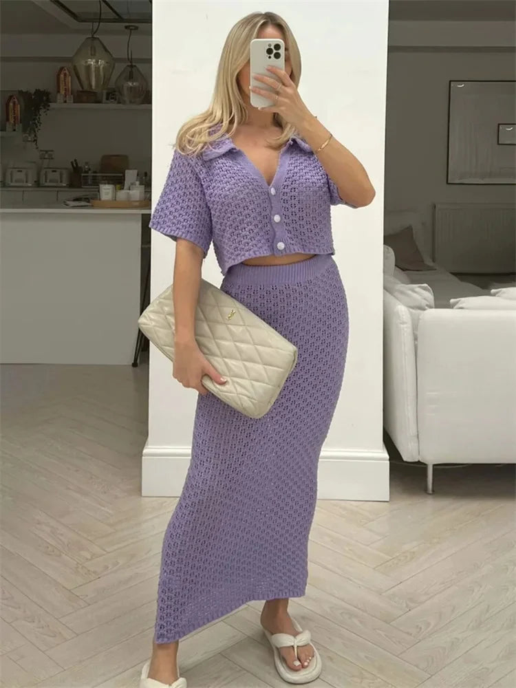 Knit Hollow Out Top and Long Skirt Suit