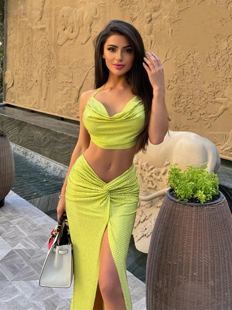 Swinging Collar Crop Tops Long Slit Skirts Suits